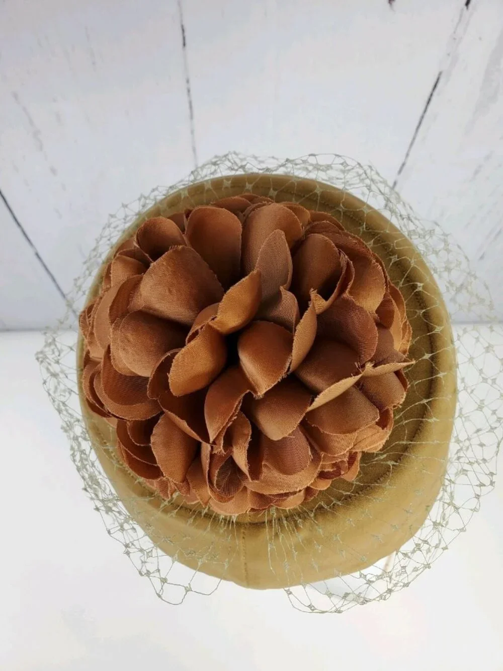 1960s Taupe Velvet Don Anderson Pillbox Hat w/ Floral Decor on Top & Netting